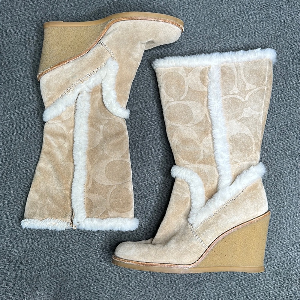 Coach Jordana tan leather suede monogram Sherpa seam wedge mid calf boots 6.5